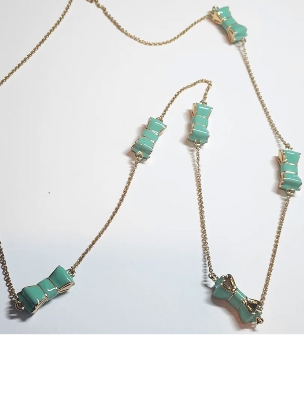 Kate Spade Tiffany Blue Bow Charm Necklace Gold Chain w/ Branded Dustbag